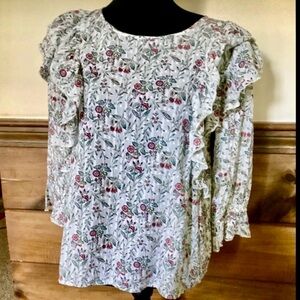 S LOFT Cotton Double Ruffled Scoop Neck Prairie Blouse Red & Green Floral Dot
